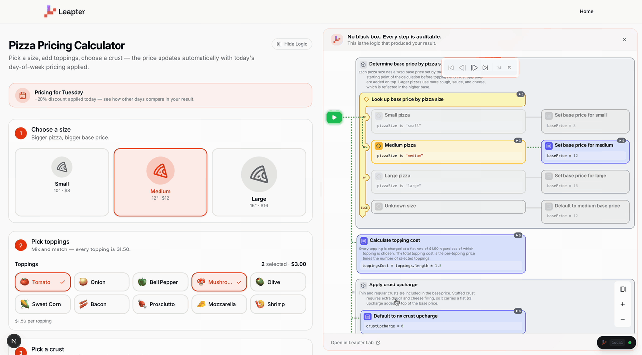 Pizza pricing calculator with Glass Mode panel showing the live blueprint as inputs change